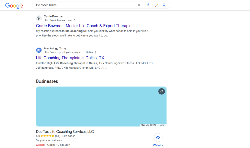 Carrie Bowman’s website ranks at the top when you search “life coach Dallas” on Google. This is SEO.